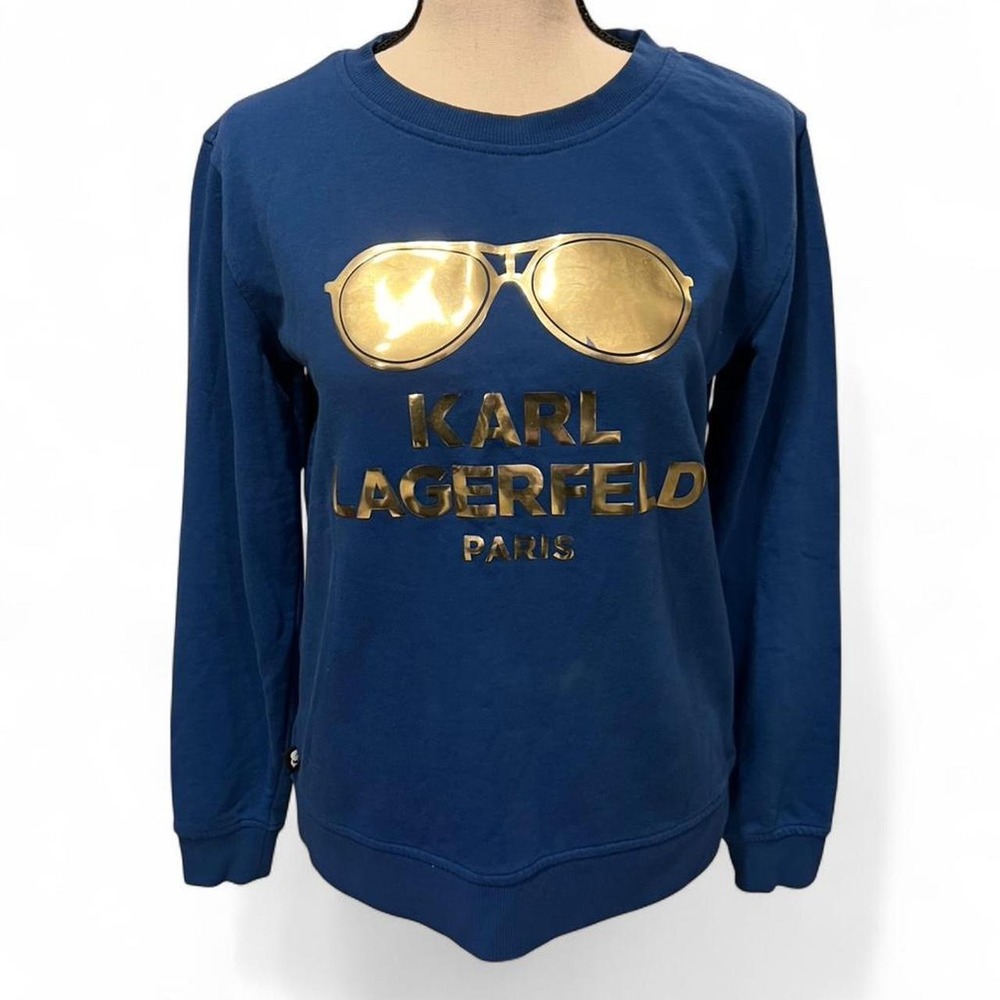 Karl Lagerfeld Blue Crewneck Sweatshirt w/Gold Logo Women's XS Streetwear Punk
